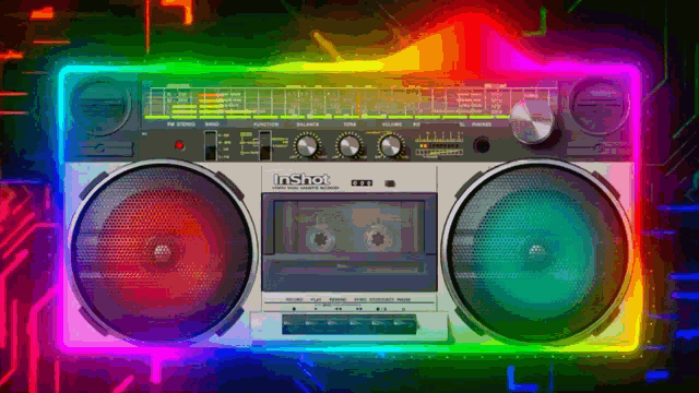 an inshot boombox is surrounded by rainbow colored lights