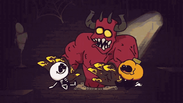 a cartoon drawing of a demon and a skeleton with the words good bye on a piece of paper