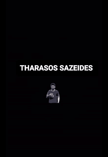 a man in a blue shirt is standing in front of a black background with the words tharasos sazeides on it .