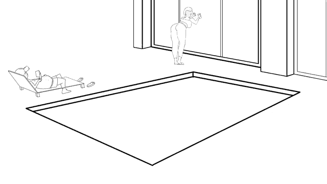 a drawing of a woman standing next to a pool