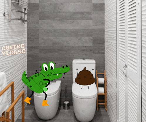 a toilet with a crocodile and poop on it and a sign that says coffee please