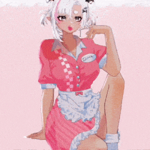 a drawing of a girl with a name tag that says ' dim ' on it