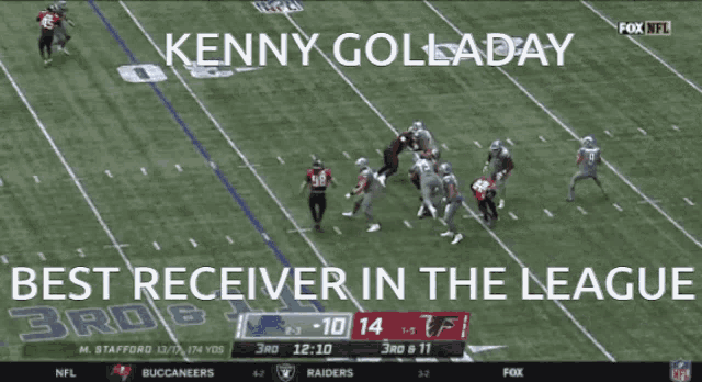 a football game is being played between the buccaneers and the raiders and kenny golladay is the best receiver in the league