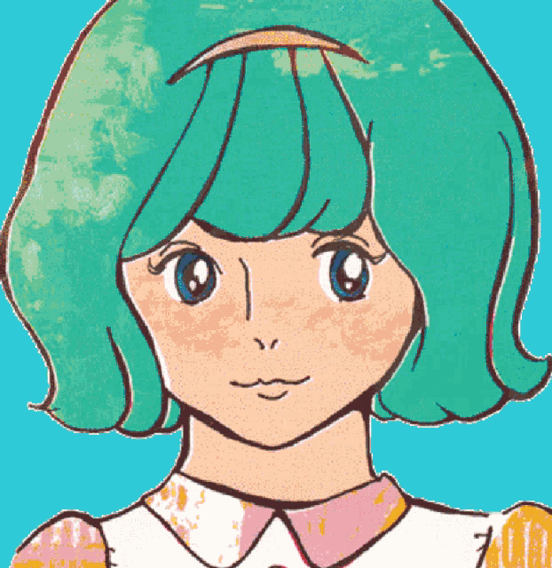 a drawing of a girl with green hair and the number 7 on her shirt