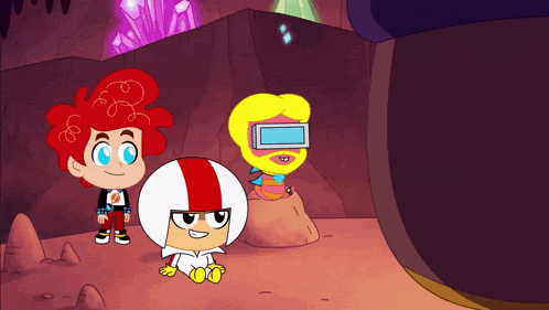 a cartoon character with red hair is standing next to a yellow character