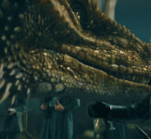 a close up of a dragon 's tail with a person standing behind it