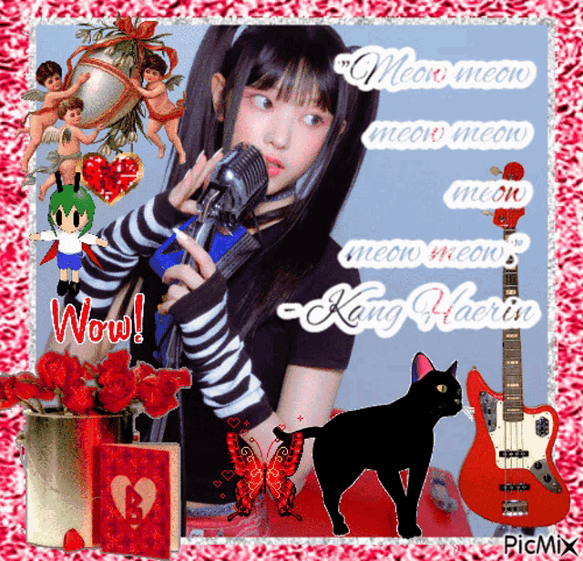a picture of a girl singing into a microphone with the words meow meow meow meow kang haerin