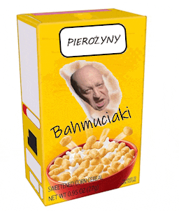 a box of pierozyny cereal with a picture of a man on it