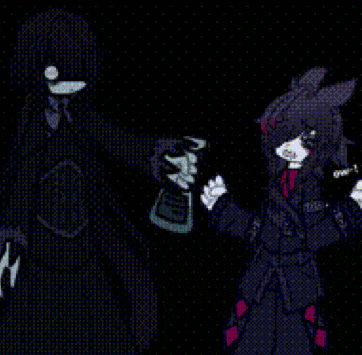 a pixel art of a man and a woman standing next to each other in a dark room .