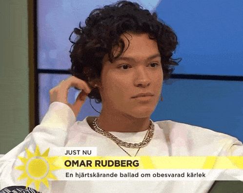a young man with curly hair is on a television show called just nu omar rudberg