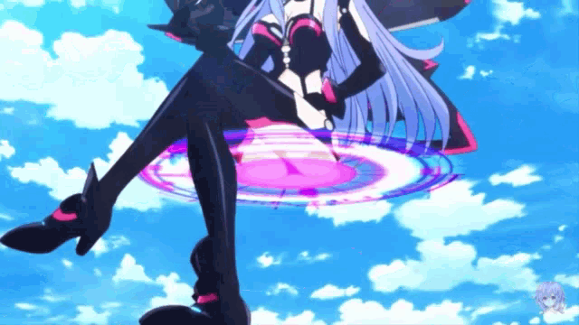 a girl with purple hair is standing in the sky