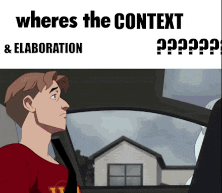 a cartoon of a man in a car with the words where 's the context & elaboration ' above him