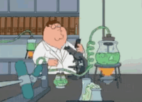a cartoon of peter griffin using a microscope