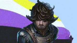 a man with horns on his head is standing in front of a purple , yellow and blue flag .