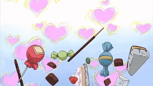 a cartoon drawing of candy including a lollipop and a cake