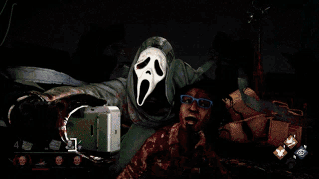 a woman is being attacked by a man with a scream mask on