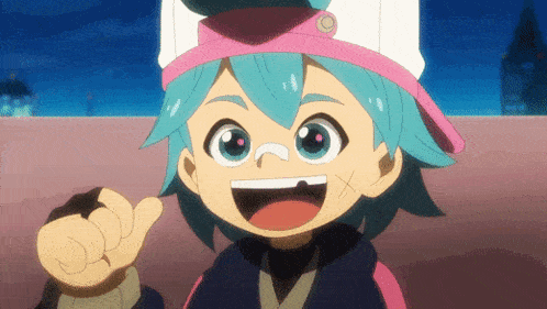 a cartoon character with blue hair and a pink hat is smiling and giving a thumbs up