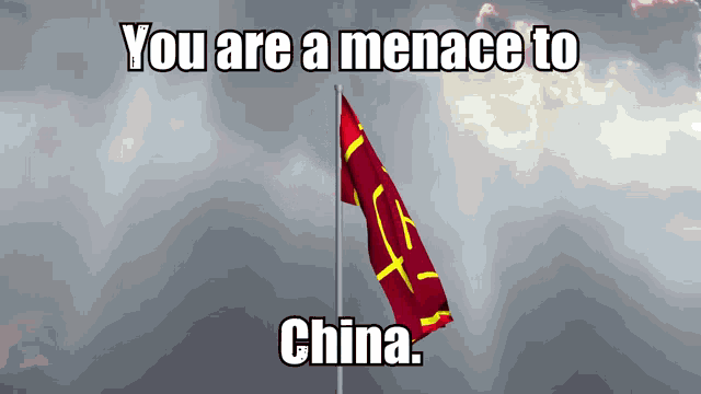 a red flag is flying in the wind with the words you are a menace to china below it