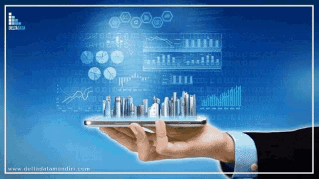 a hand holding a phone with a city on it and a delta data logo in the background