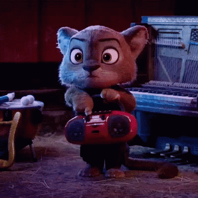 a cartoon cat is holding a red boombox and looking at the camera
