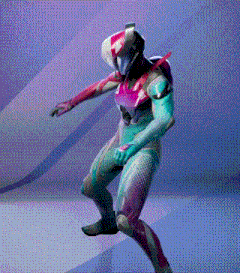 a person in a futuristic suit is dancing on a purple and blue background .