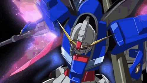a blue and red robot with a pink sword in its hand