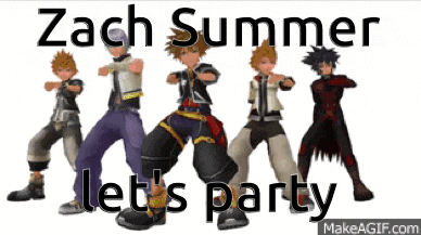 a group of video game characters are standing next to each other with the words zach summer let 's party written above them