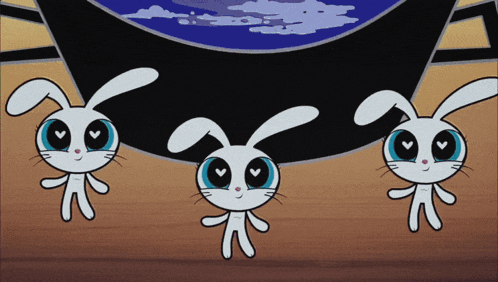 three white rabbits with blue eyes are standing next to each other on a wooden floor