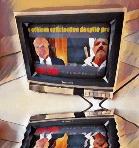 a painting of a tv that says achieve satisfaction despite pro on the screen
