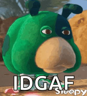 a green stuffed animal with a mask on its face and the words idgaf sleepy written on it .