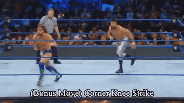 two wrestlers in a wrestling ring with the words bonus move corner knee strike