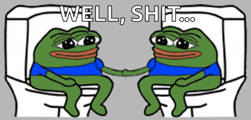 two green frogs are sitting on a toilet with the words well shit written above them