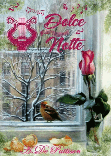 a dolce notte greeting card with a bird in the window