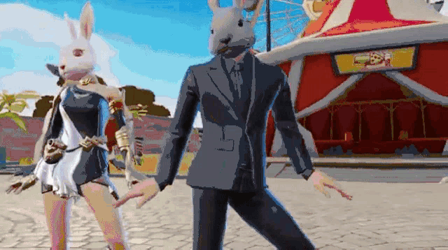 a man in a suit and a woman in a rabbit mask are dancing in front of a carnival tent