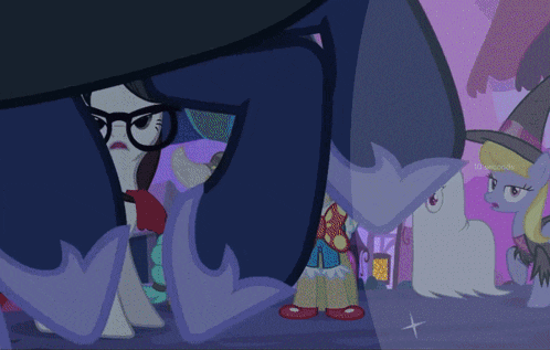 a cartoon drawing of a girl with glasses and a pony with a purple background