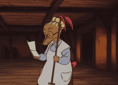 a cartoon drawing of a mouse holding a piece of paper and a broom