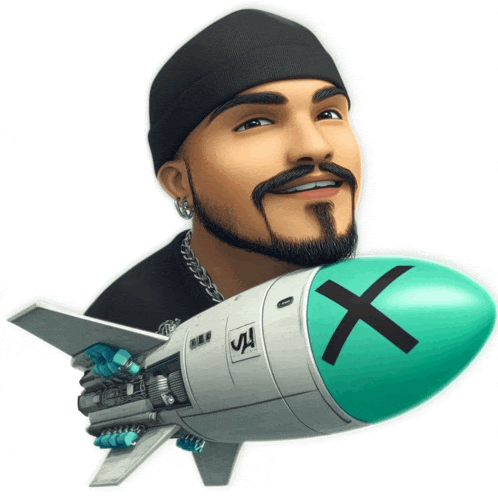a man with a beard is holding a rocket with the letter x on the side