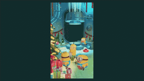 a group of minions are standing in front of a christmas tree and presents
