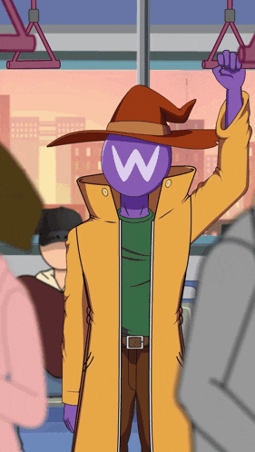 a cartoon character with a hat and a purple head with the letter w on it