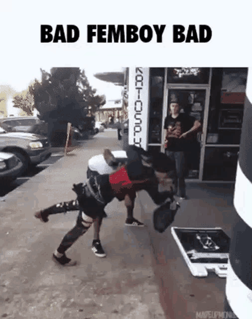 a man is doing a handstand on the sidewalk in front of a building while another man looks on .
