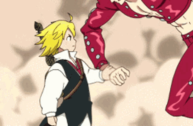 a man in a red jacket is holding a man 's hand