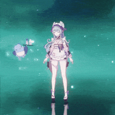 a girl in a maid costume is standing in front of a blue background