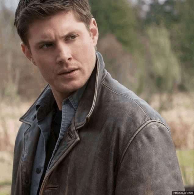a man wearing a brown leather jacket and a blue shirt