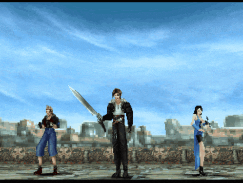 a group of video game characters standing next to each other with one holding a sword