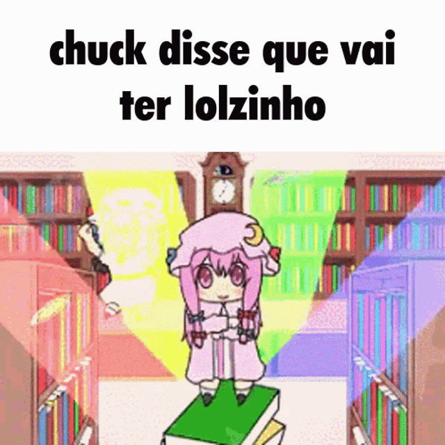 a cartoon of a girl standing on a stack of books with the words " chuck disse que vai ter lolzinho " below her
