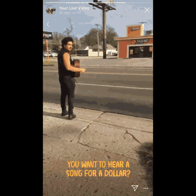 a man playing a guitar on a sidewalk with the words you want to hear a song for a dollar below him
