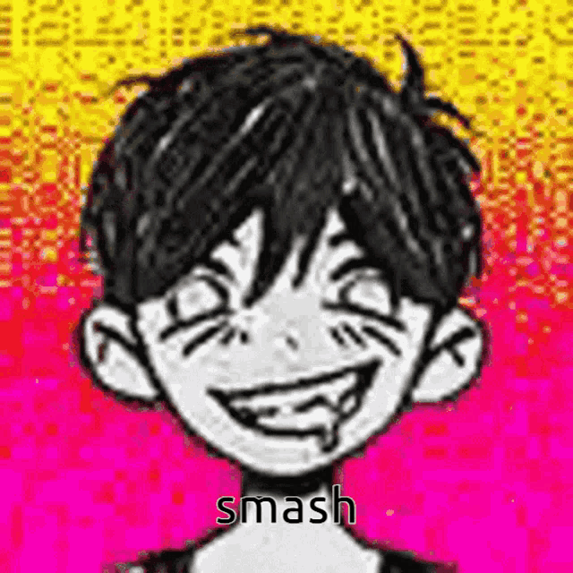 a black and white drawing of a boy with a smiley face and the word smash .