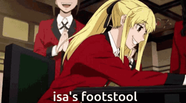 a girl is sitting at a desk with the words isa 's footstool on the bottom