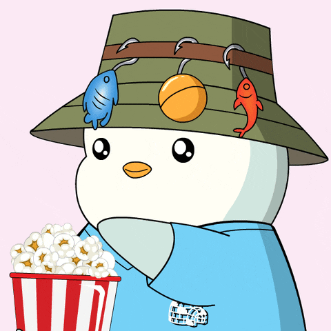 a cartoon of a penguin wearing a fishing hat holding a bucket of popcorn