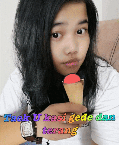 a girl holding an ice cream cone with the words tack u kasi gede dan terang written below her